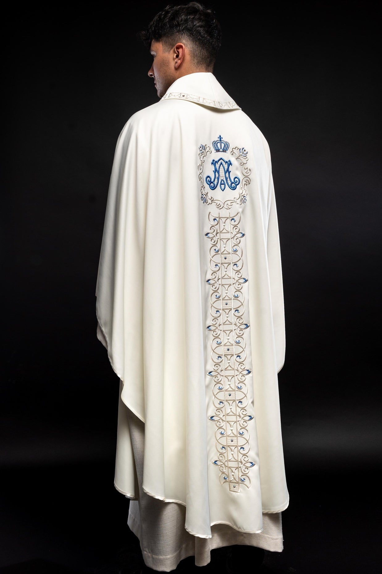 Ivory colored Marian chasuble finished with blue stones