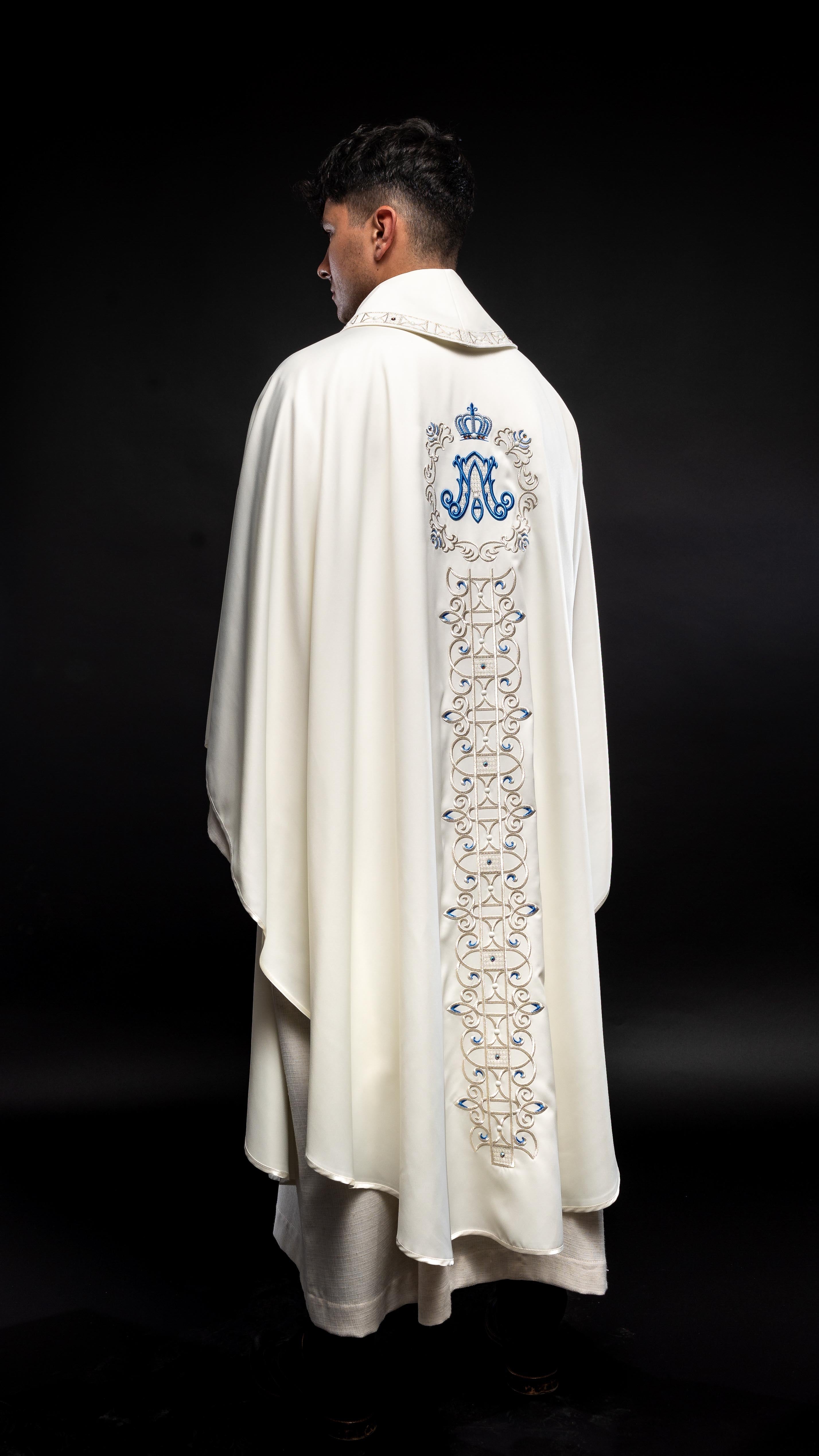 Ivory colored Marian chasuble finished with blue stones