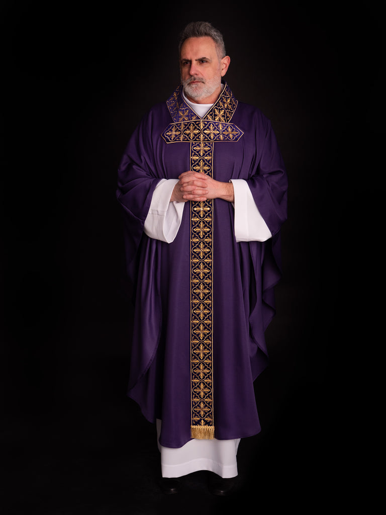 Purple chasuble finished by hand with 500 decorative stones