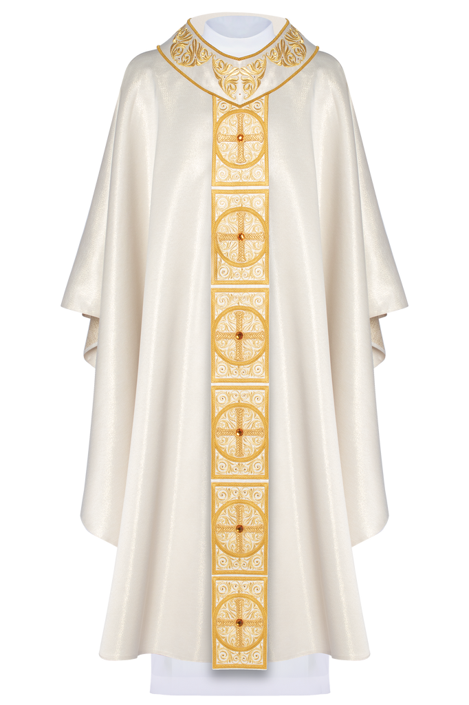 Gold Chasuble richly embroidered and decorated with ecru stones