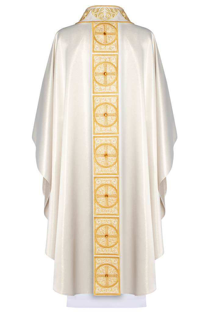 Gold Chasuble richly embroidered and decorated with ecru stones