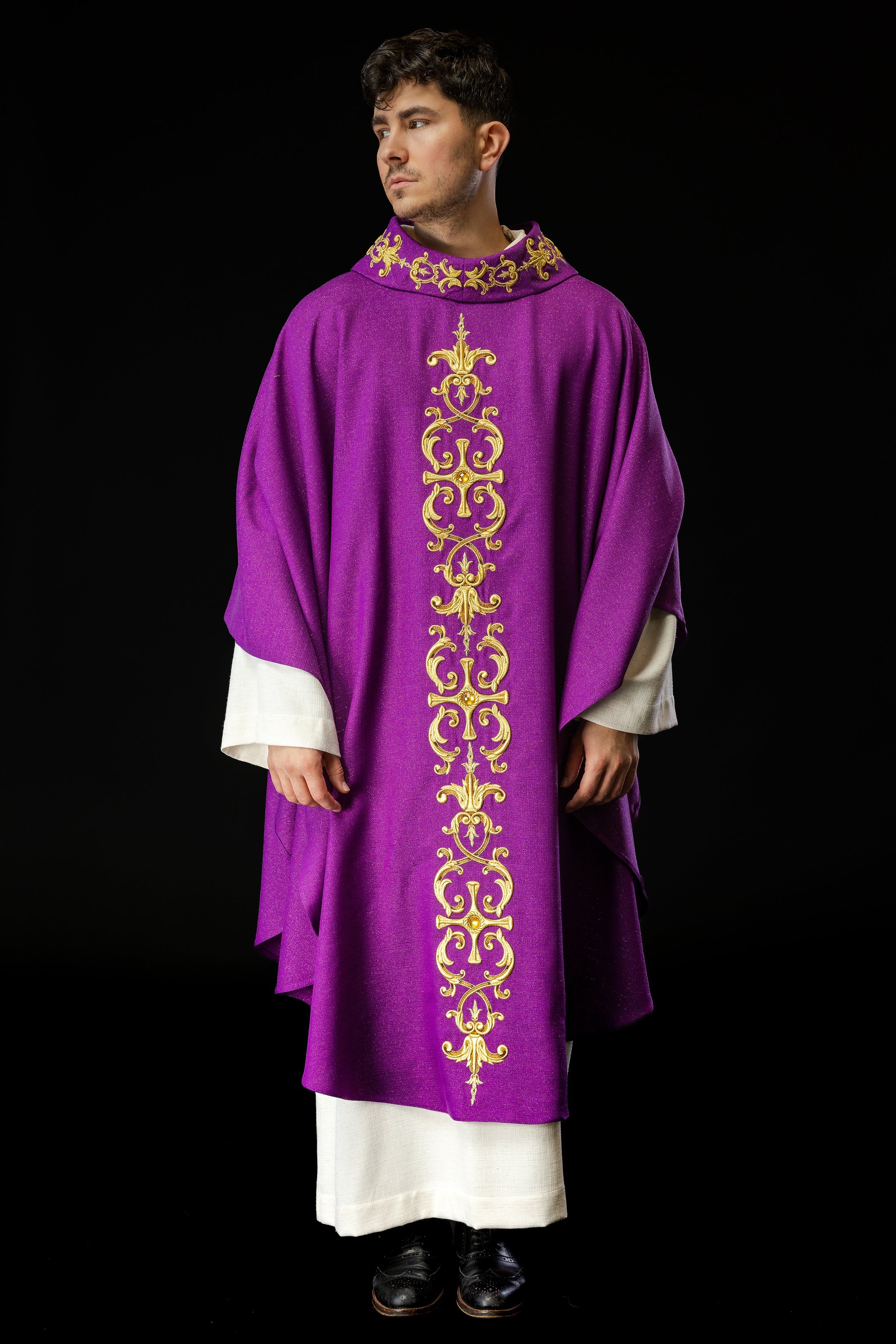 Purple chasuble richly embroidered with gemstones