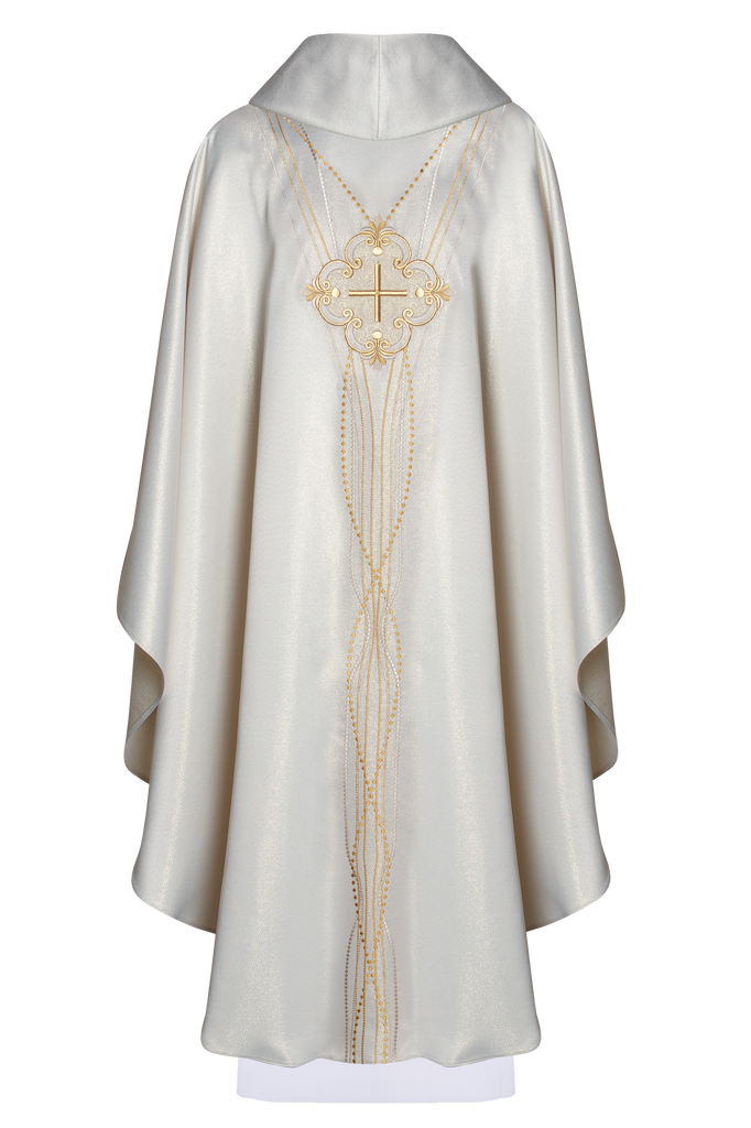 Chasuble made of shiny fabric inspired by the rosary