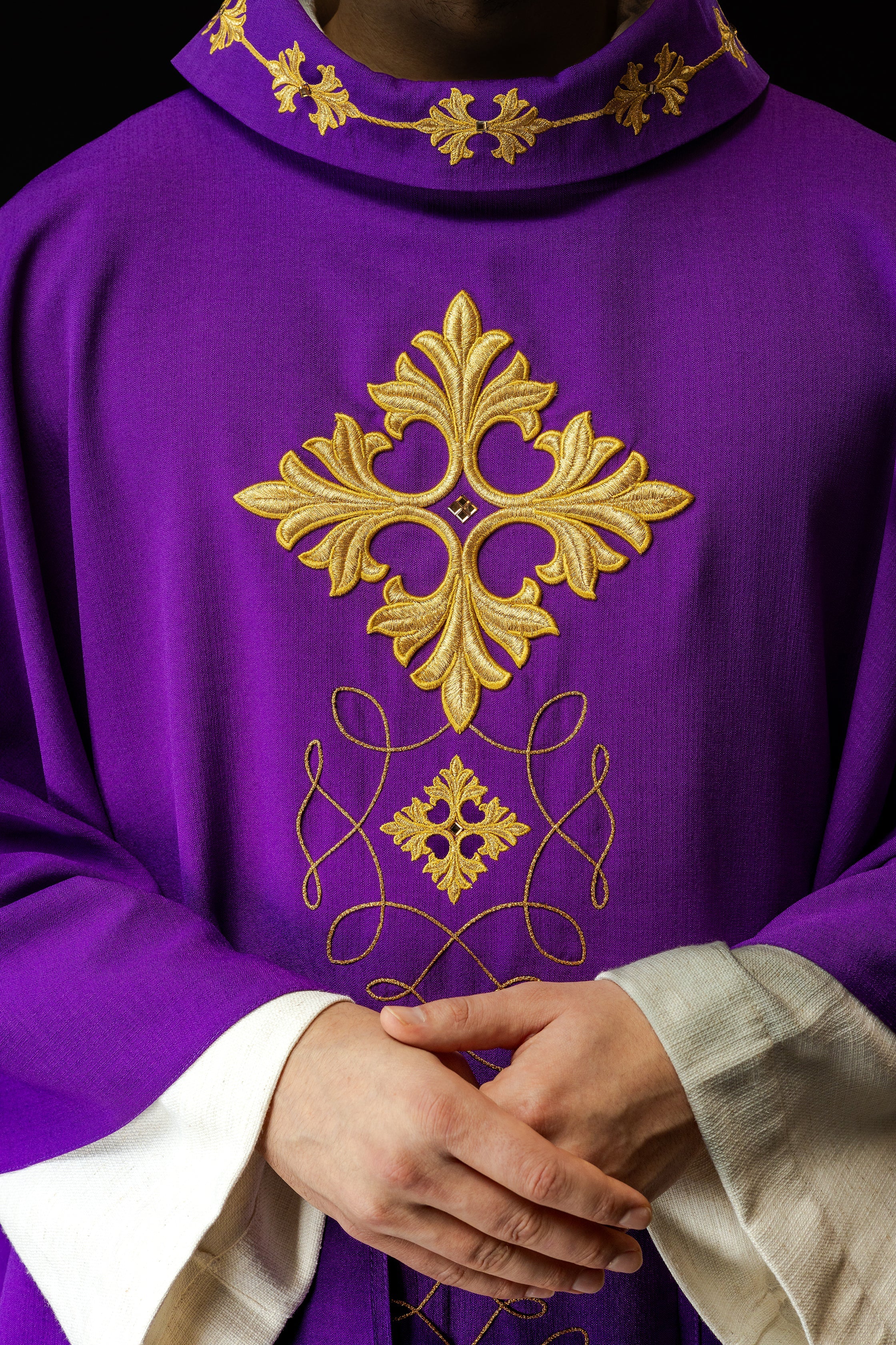 Richly embroidered chasuble with cord and stones