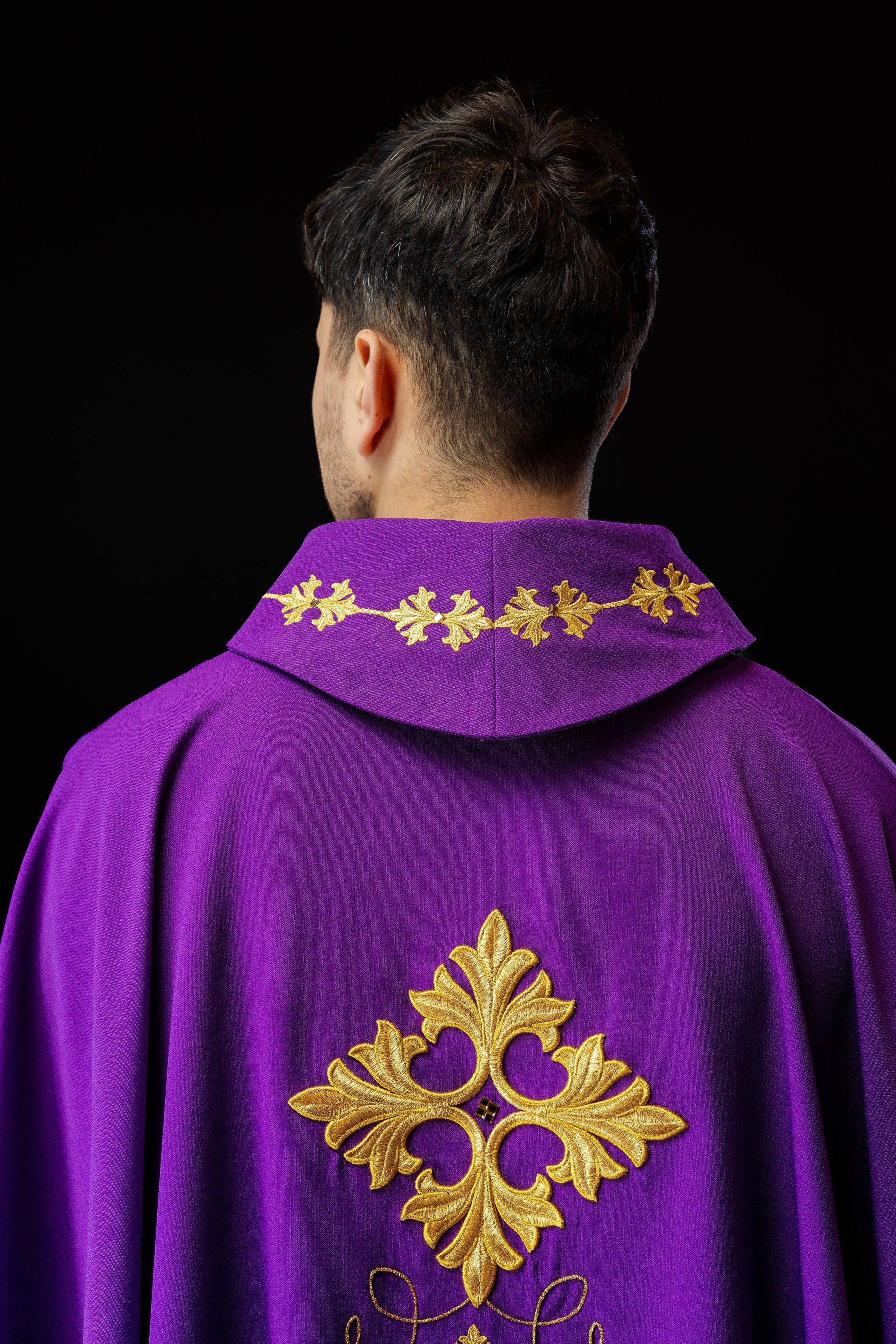 Richly embroidered chasuble with cord and stones