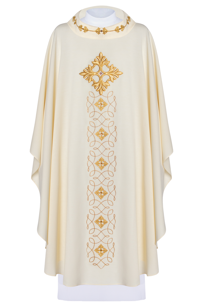 Ivory chasuble with embroidery inspired by rosary