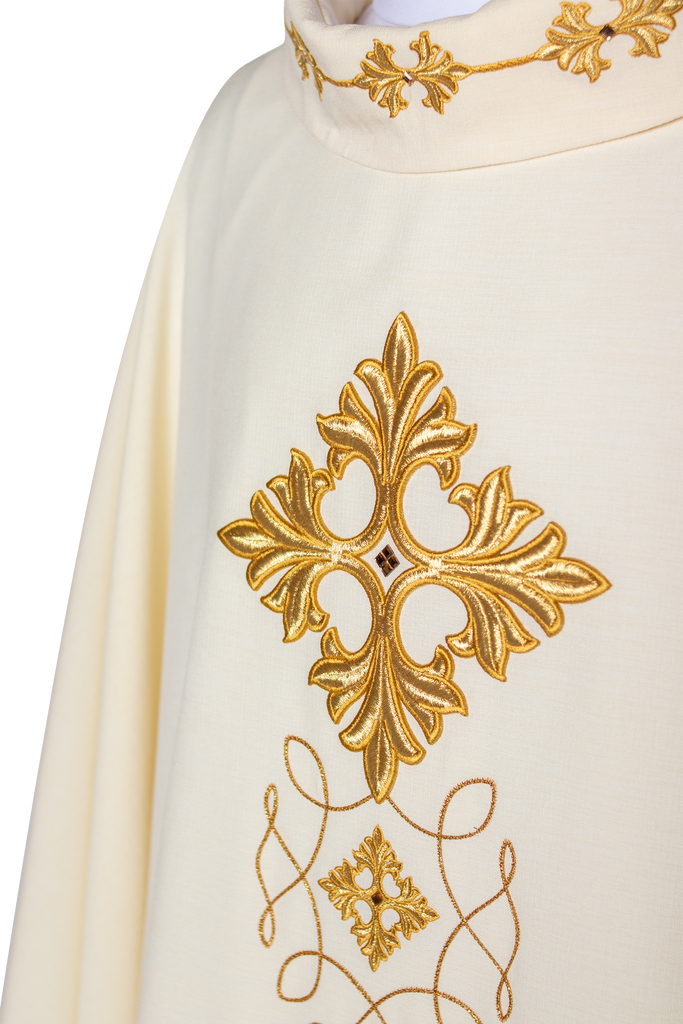 Ivory chasuble with embroidery inspired by rosary