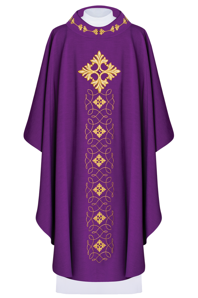 Richly embroidered chasuble with cord and stones