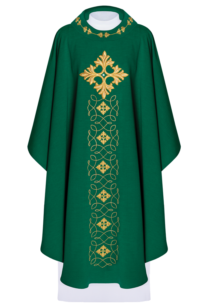 Green chasuble richly embroidered with a cord