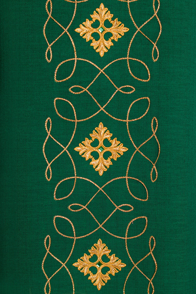 Green chasuble richly embroidered with a cord