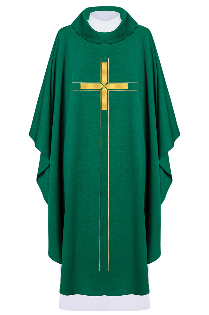 Green chasuble embroidered in a minimalist design