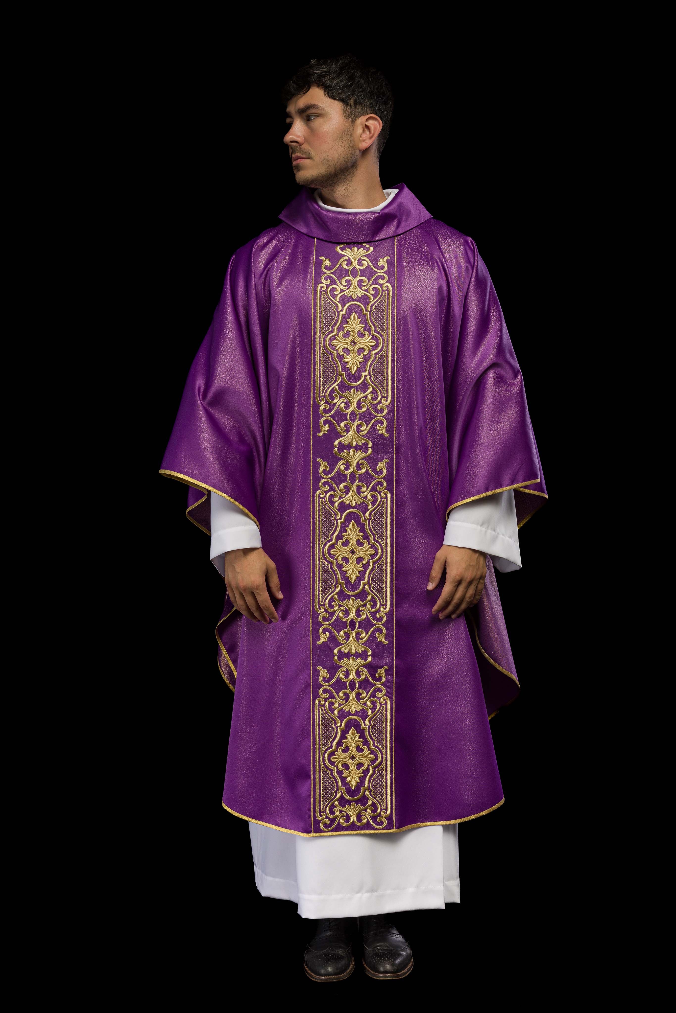 Purple chasuble richly embroidered, shining