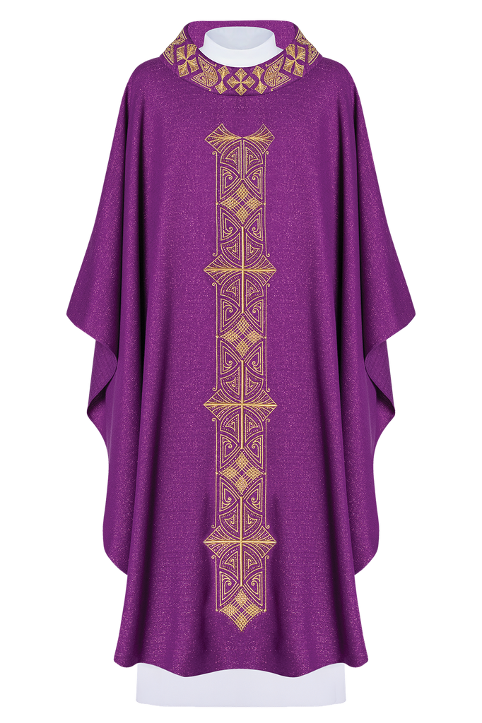 Shiny, richly embroidered purple chasuble