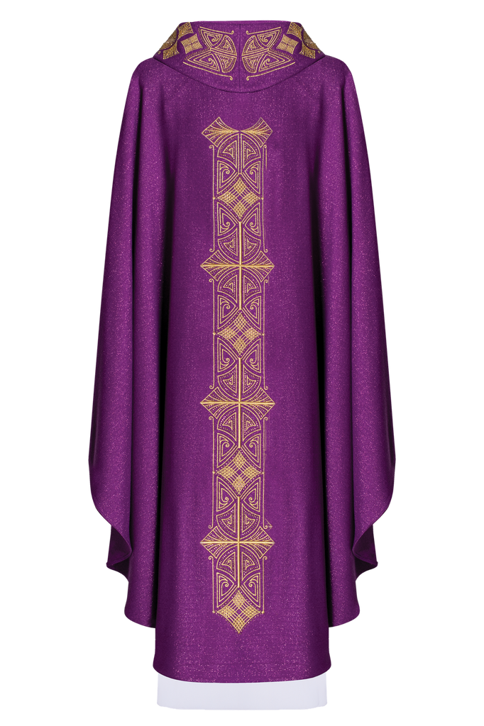 Shiny, richly embroidered purple chasuble