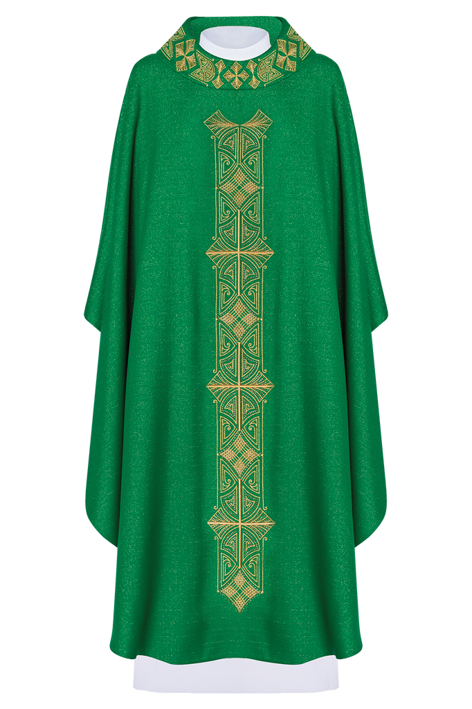 Shiny, richly embroidered green chasuble