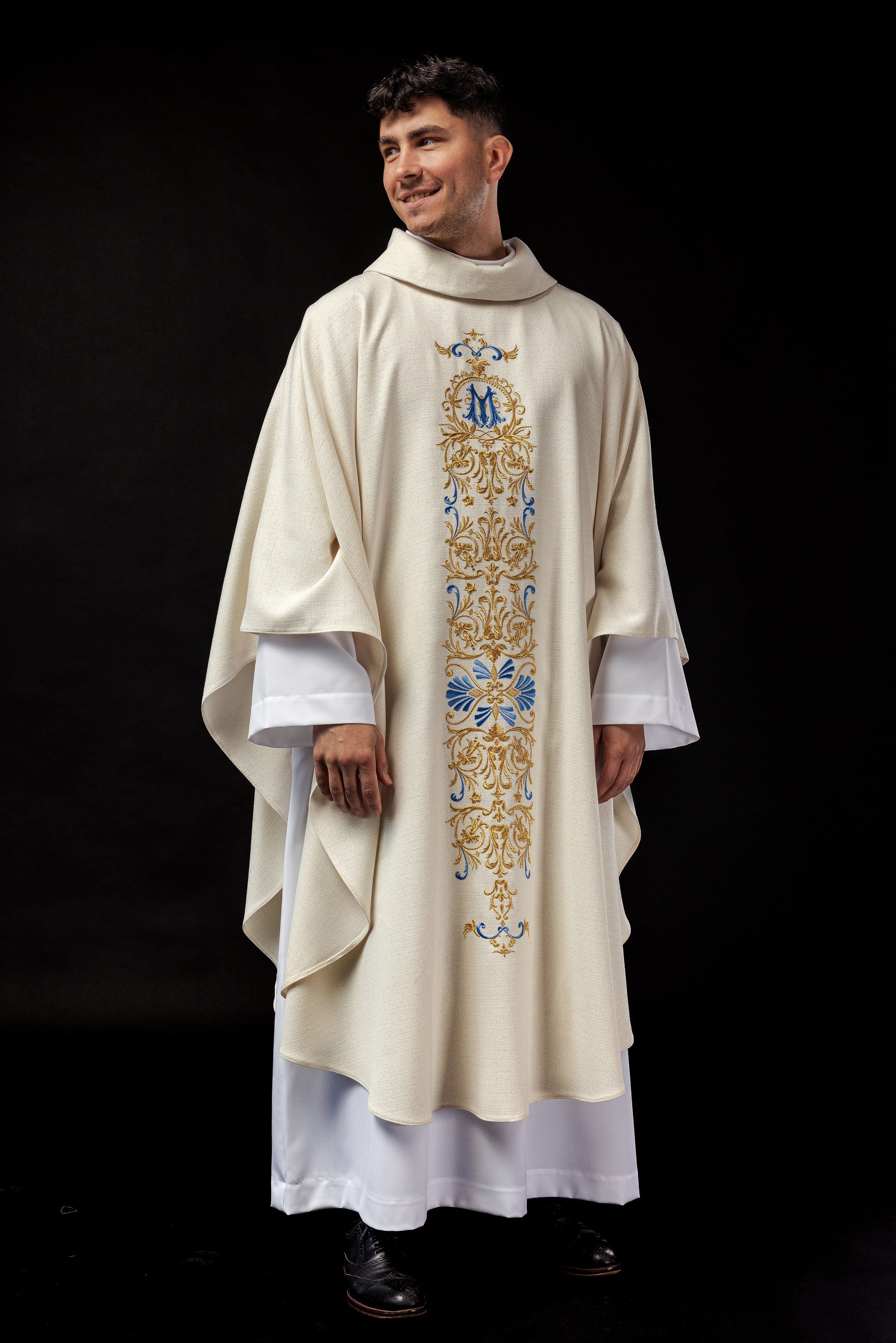 Chasuble of brocade fabric with embroidered symbol of the Virgin Mary