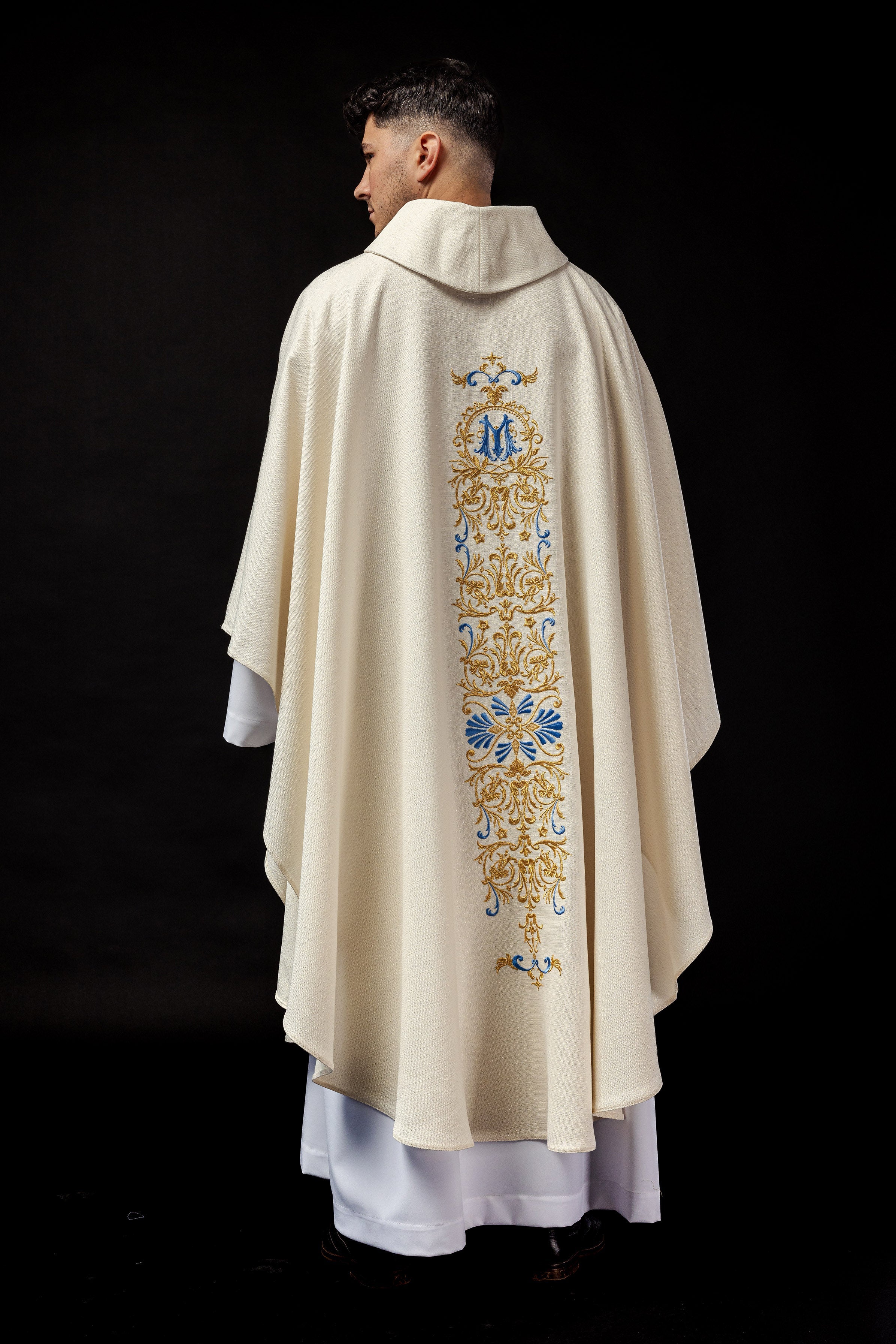 Chasuble of brocade fabric with embroidered symbol of the Virgin Mary