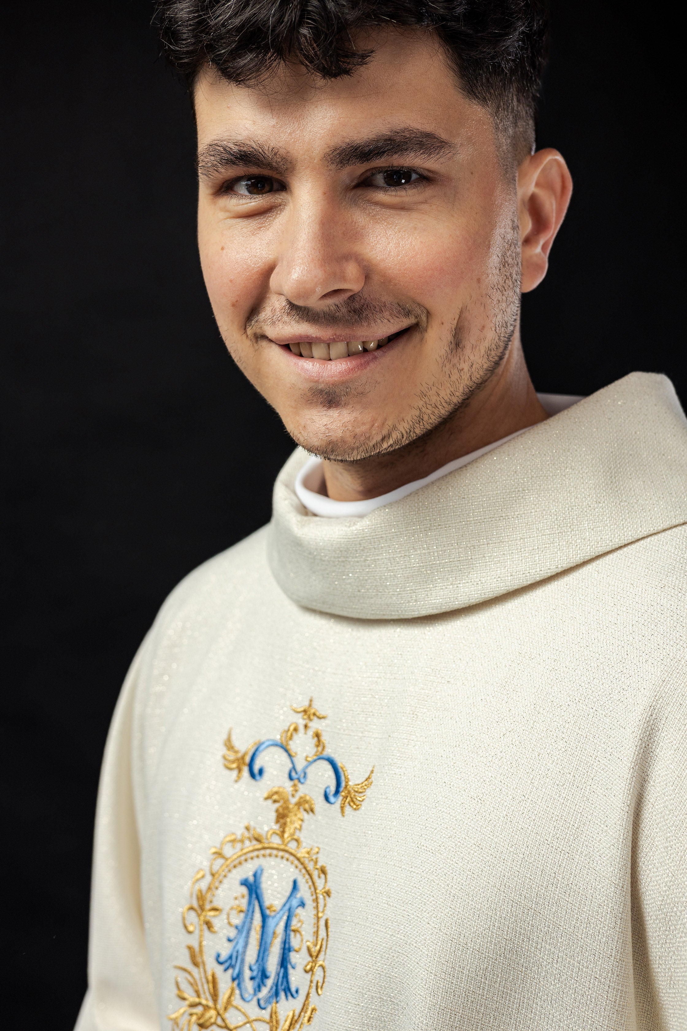 Chasuble of brocade fabric with embroidered symbol of the Virgin Mary