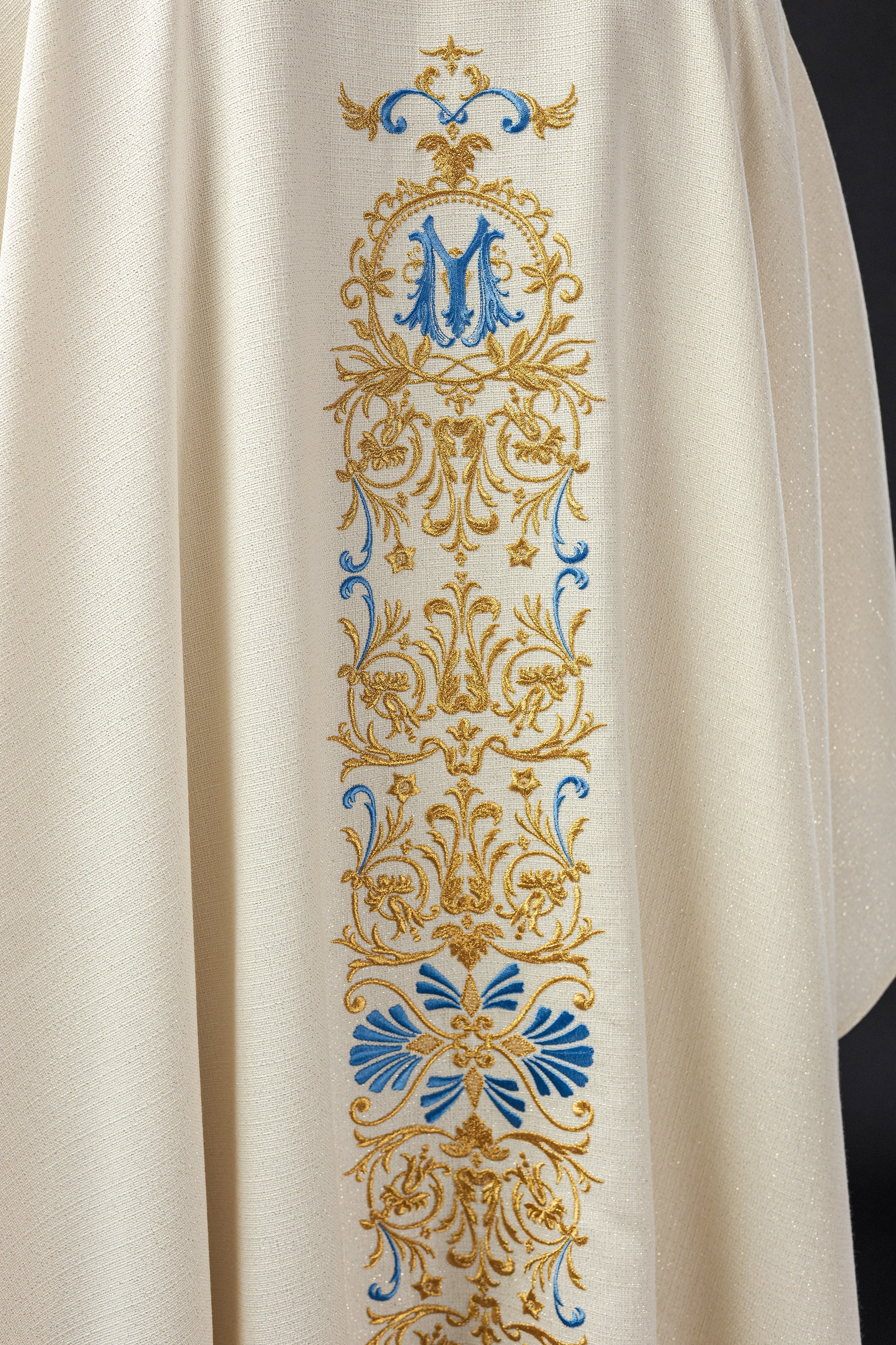 Chasuble of brocade fabric with embroidered symbol of the Virgin Mary