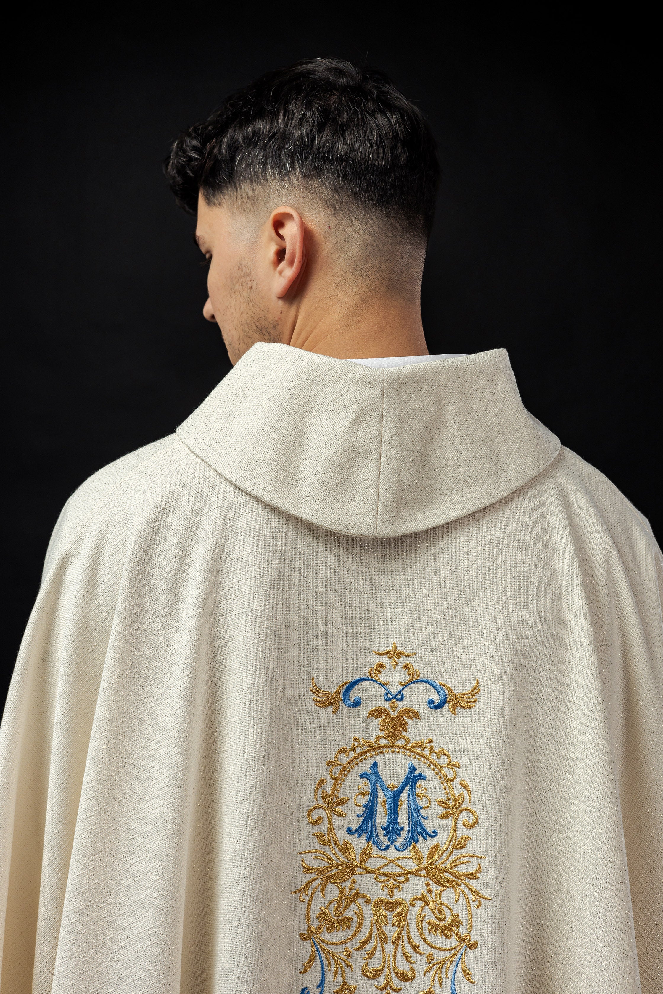 Chasuble of brocade fabric with embroidered symbol of the Virgin Mary