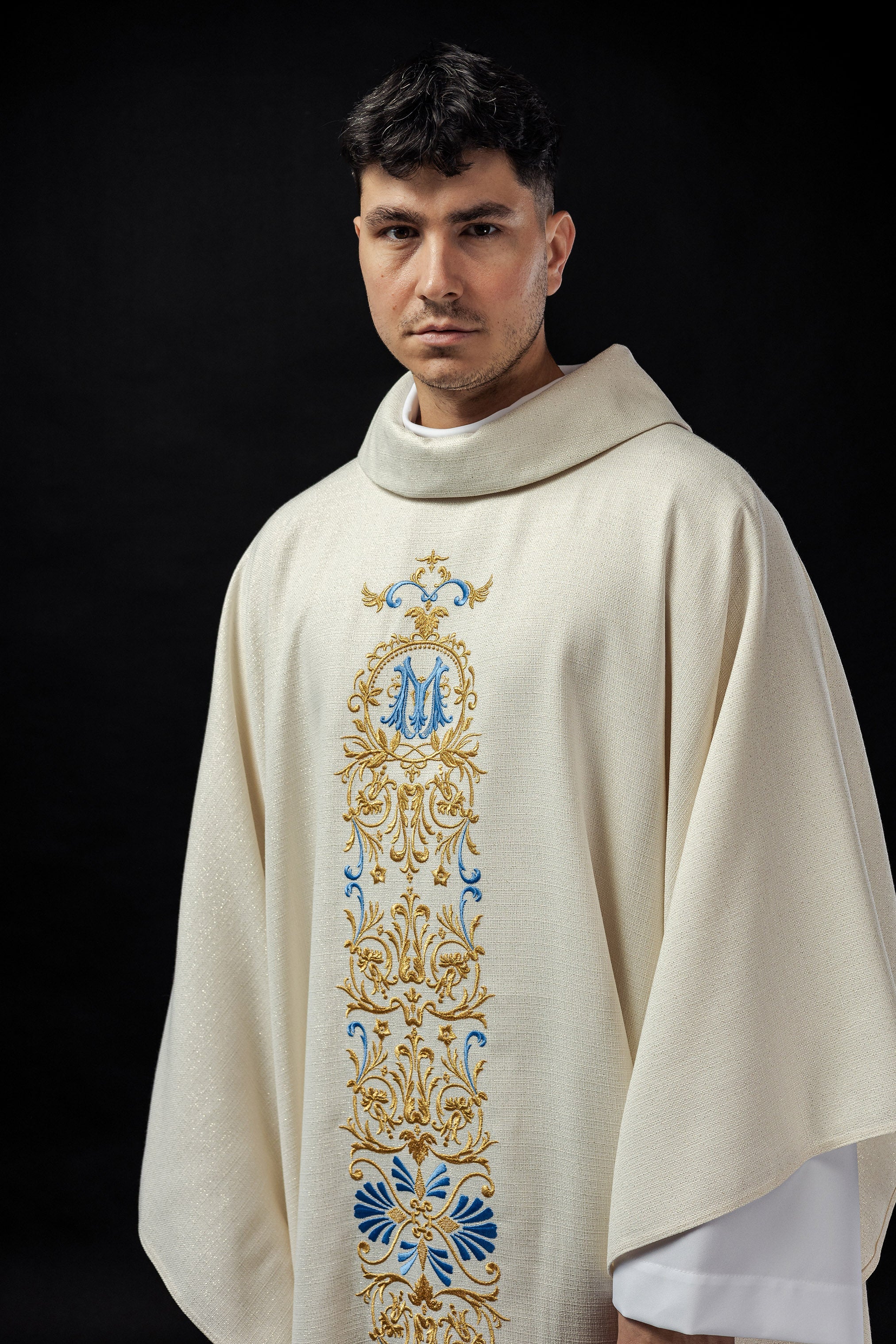 Chasuble of brocade fabric with embroidered symbol of the Virgin Mary