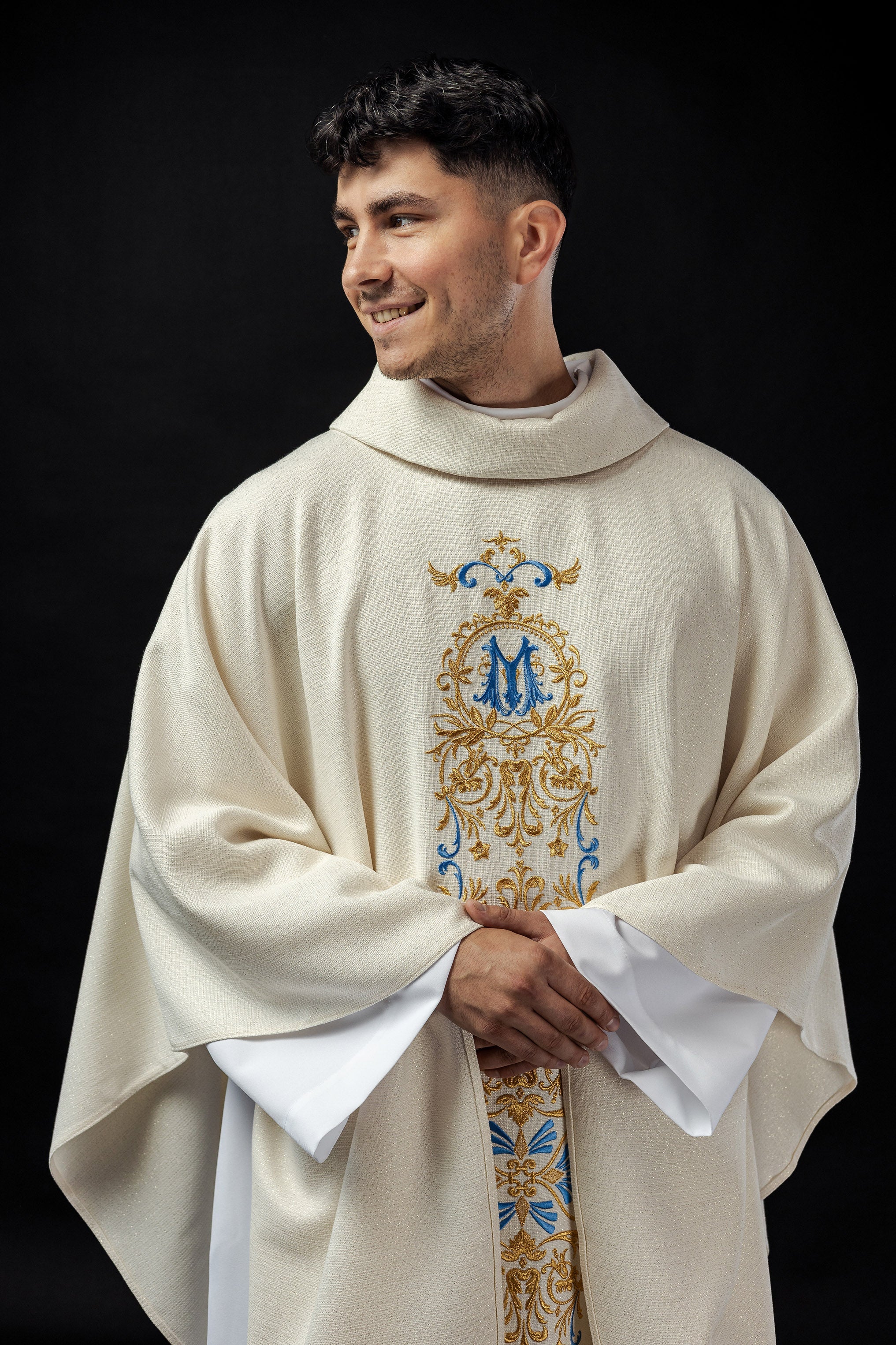 Chasuble of brocade fabric with embroidered symbol of the Virgin Mary