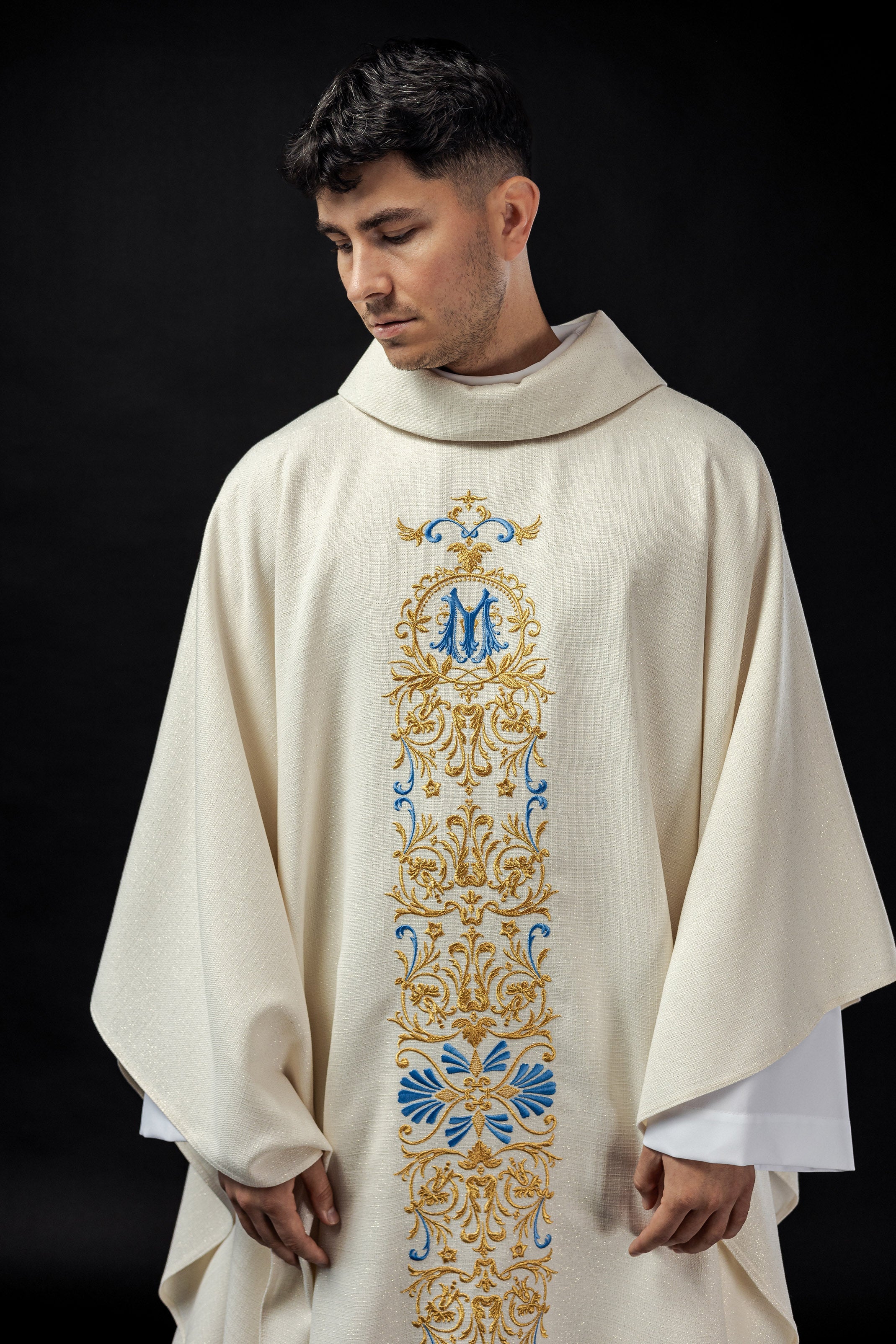 Chasuble of brocade fabric with embroidered symbol of the Virgin Mary