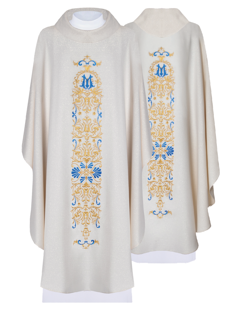 Chasuble of brocade fabric with embroidered symbol of the Virgin Mary