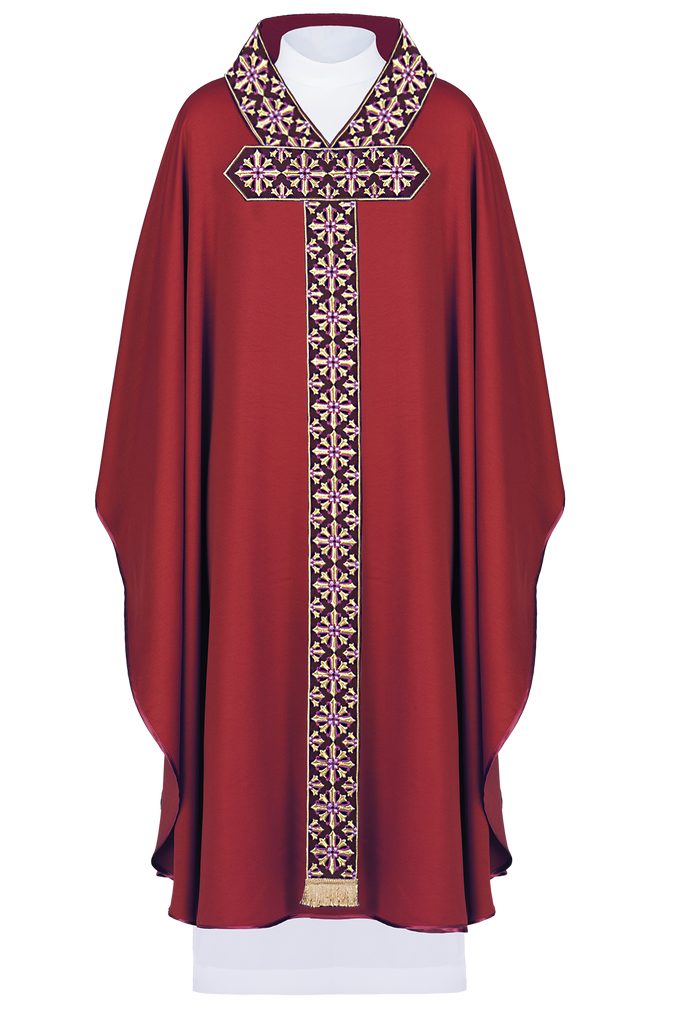 Red chasuble with cross neck and shiny embroidery