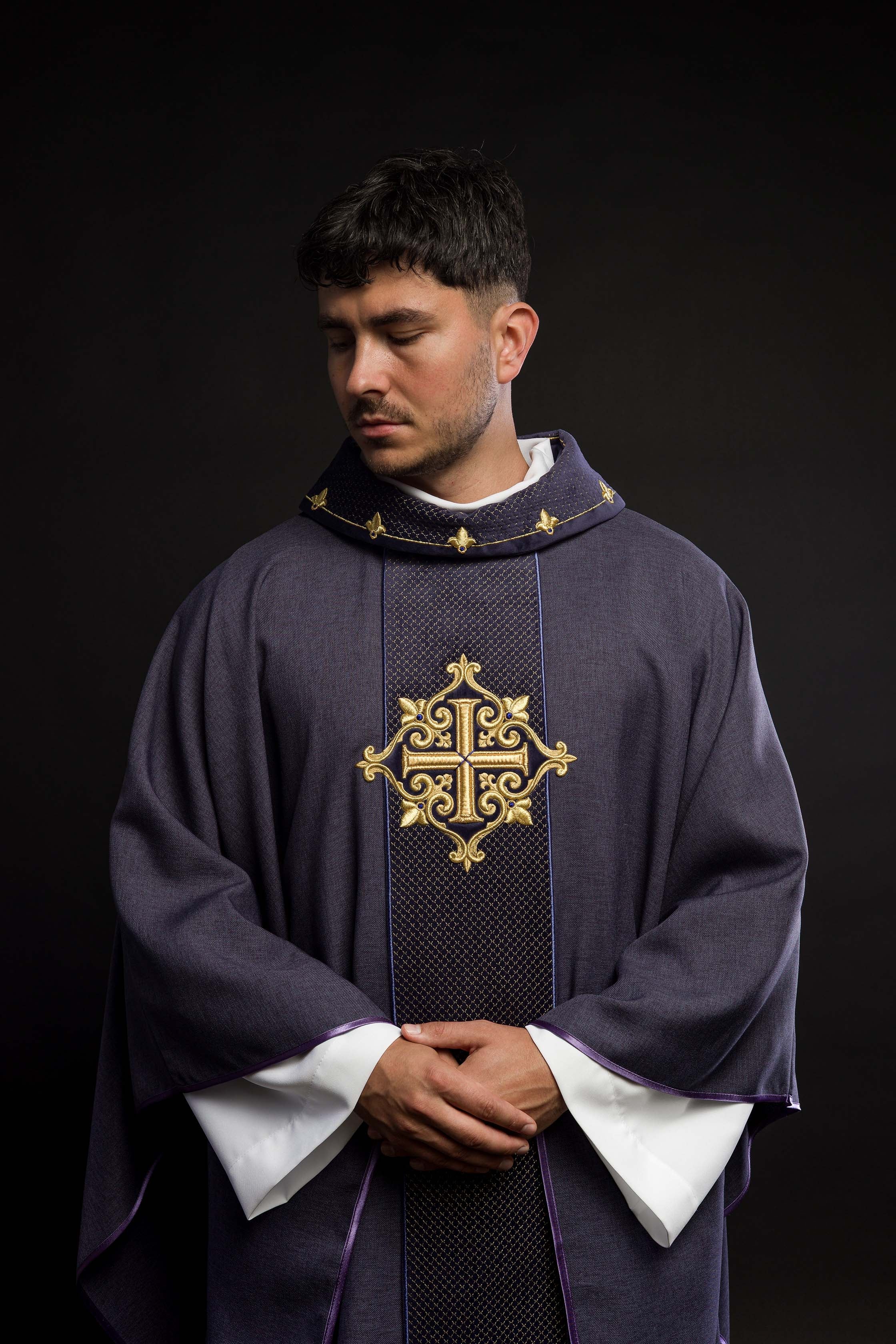 Purple Chasuble with Embroidered Cross Symbol