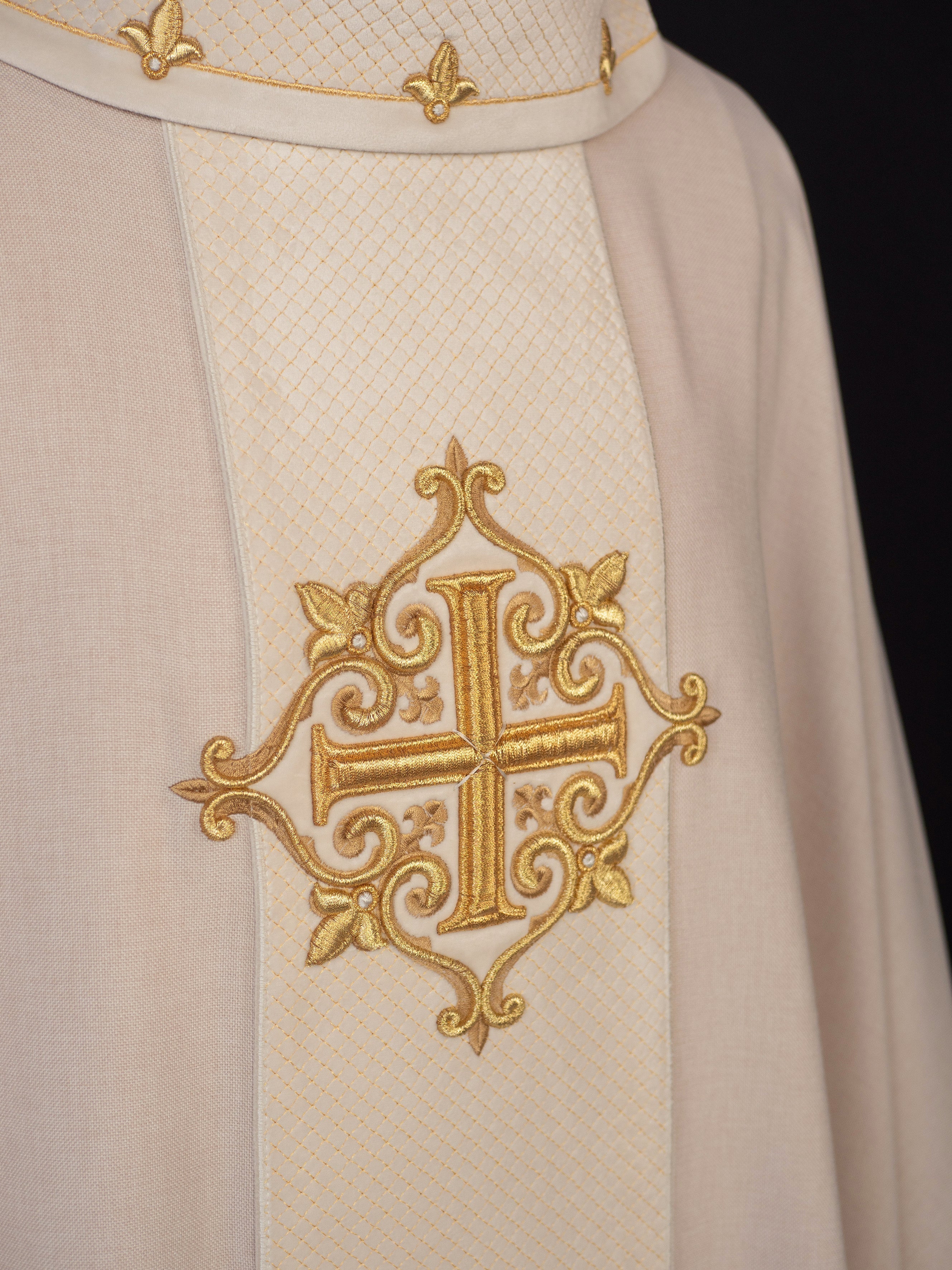 Ecru Chasuble with Embroidered Cross Symbol - HAFTINAUSA.COM