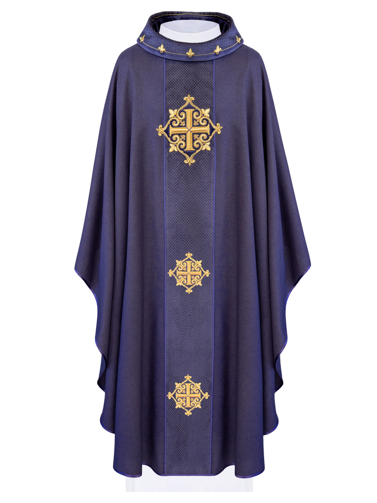 Chasuble with Velvet Purple Band and Cross Embroidery