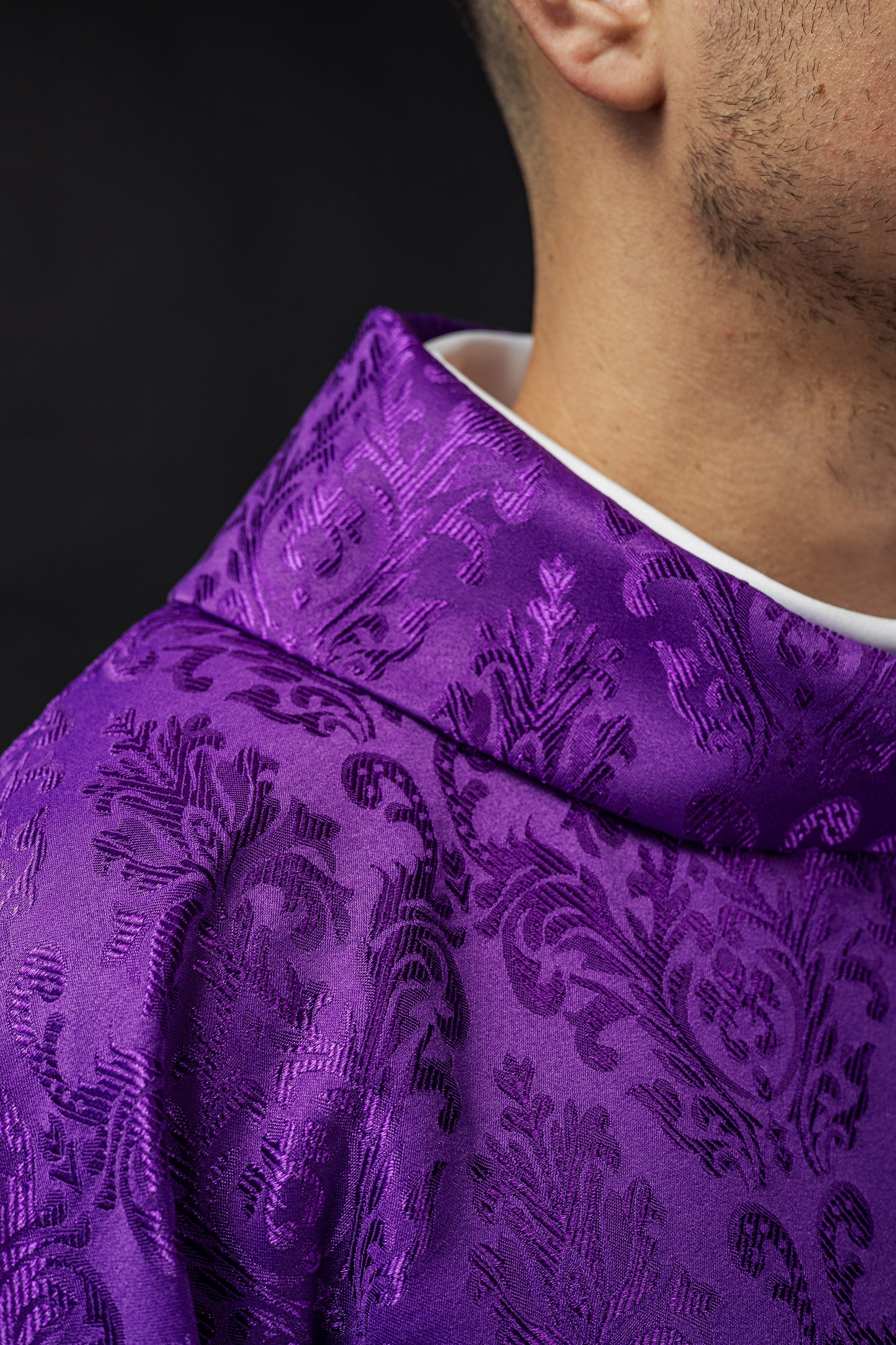 Purple chasuble made of floral ornamental texture with classic IHS