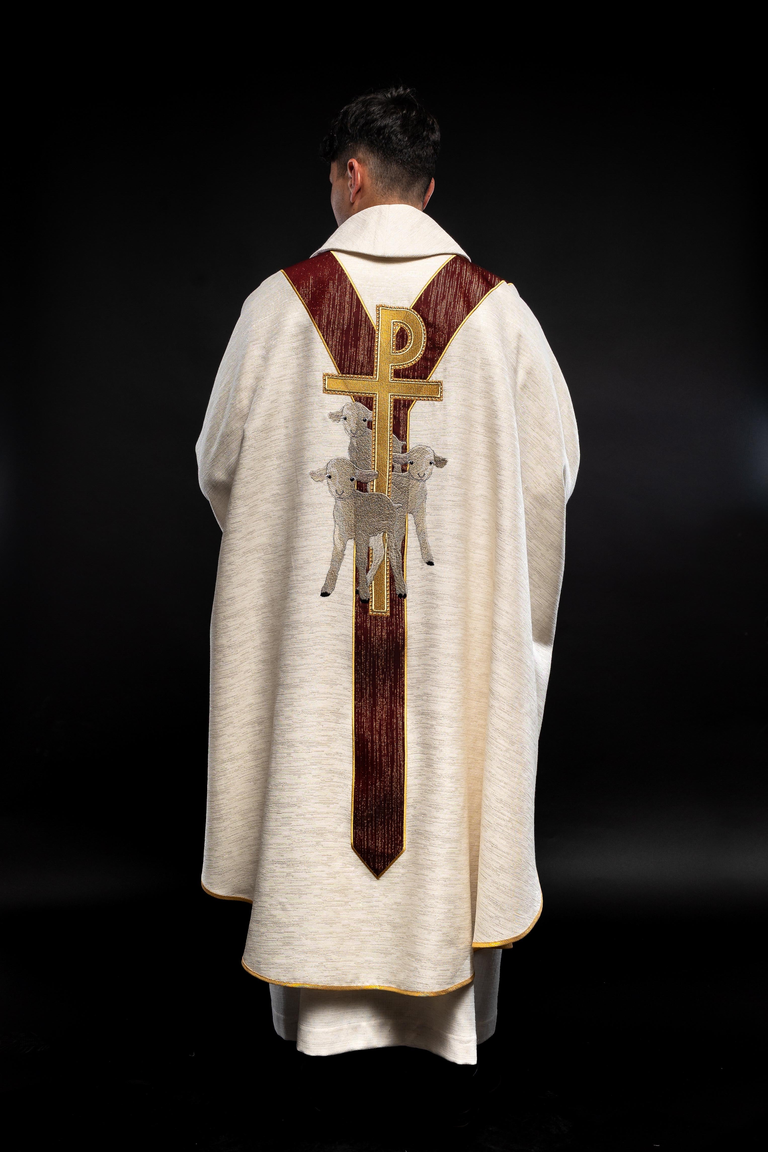 Chasuble ecru with the image of Jesus the Good Shepherd with a decorative burgundy stripe