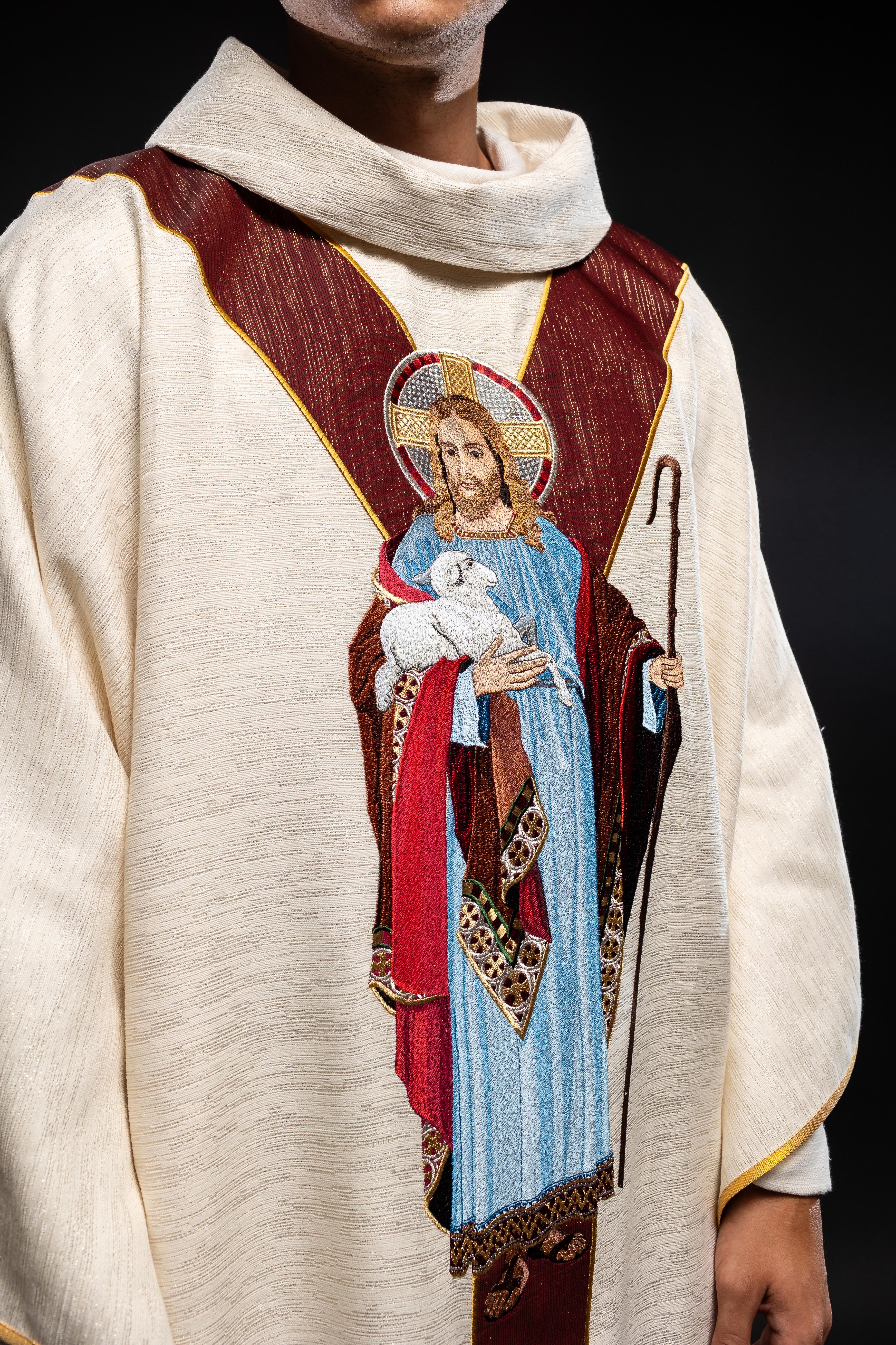 Chasuble ecru with the image of Jesus the Good Shepherd with a decorative burgundy stripe