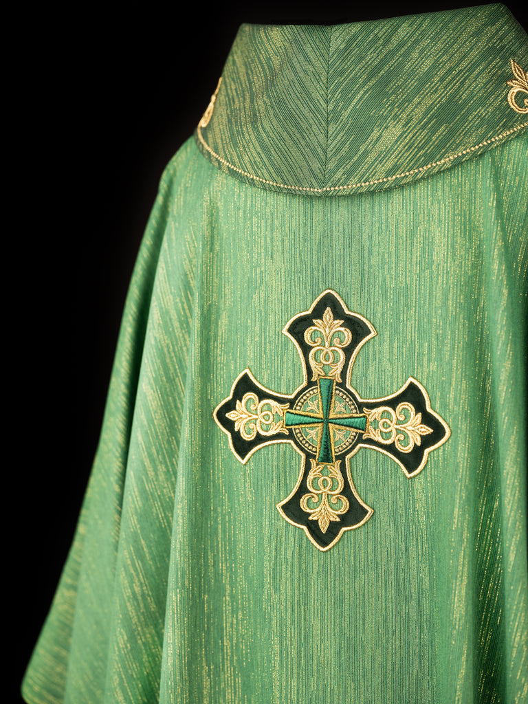 Green chasuble with embroidered cross and decorated collar