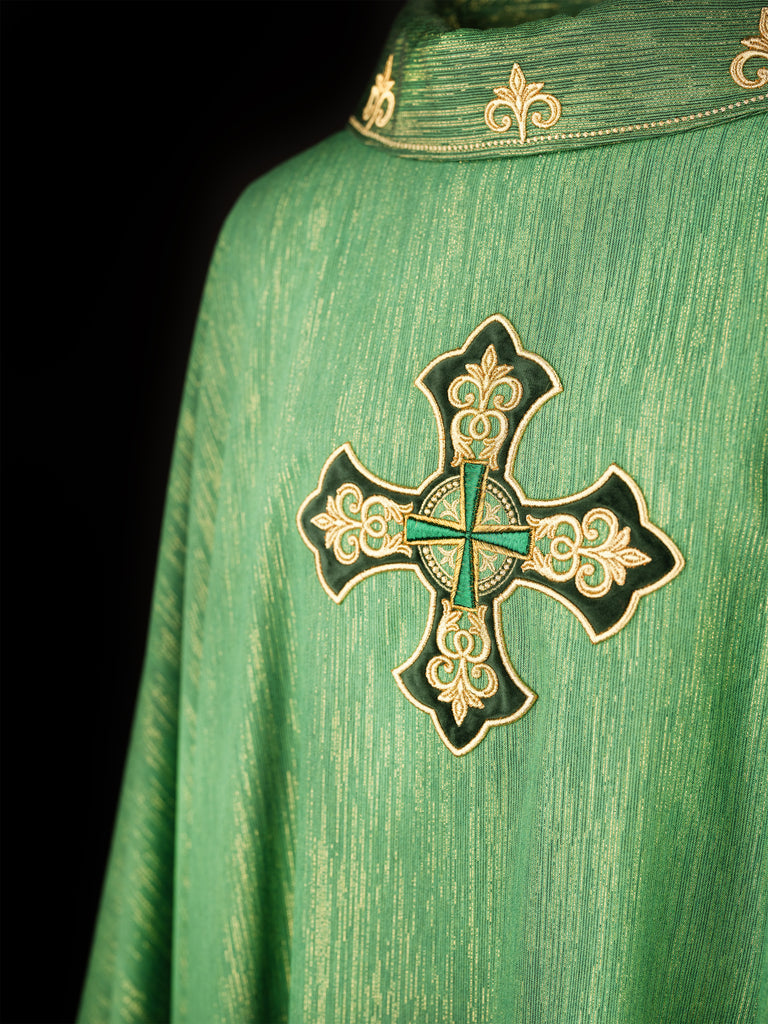 Green chasuble with embroidered cross and decorated collar