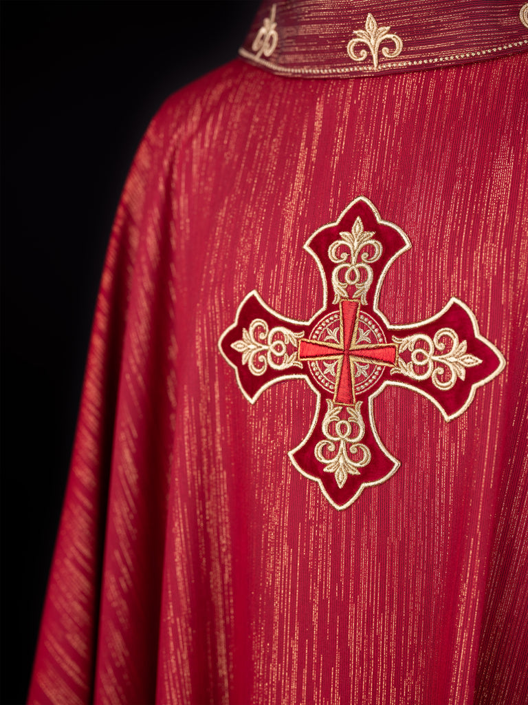 Red chasuble with richly embroidered cross and decorated collar