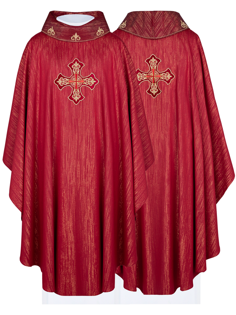 Red chasuble with richly embroidered cross and decorated collar