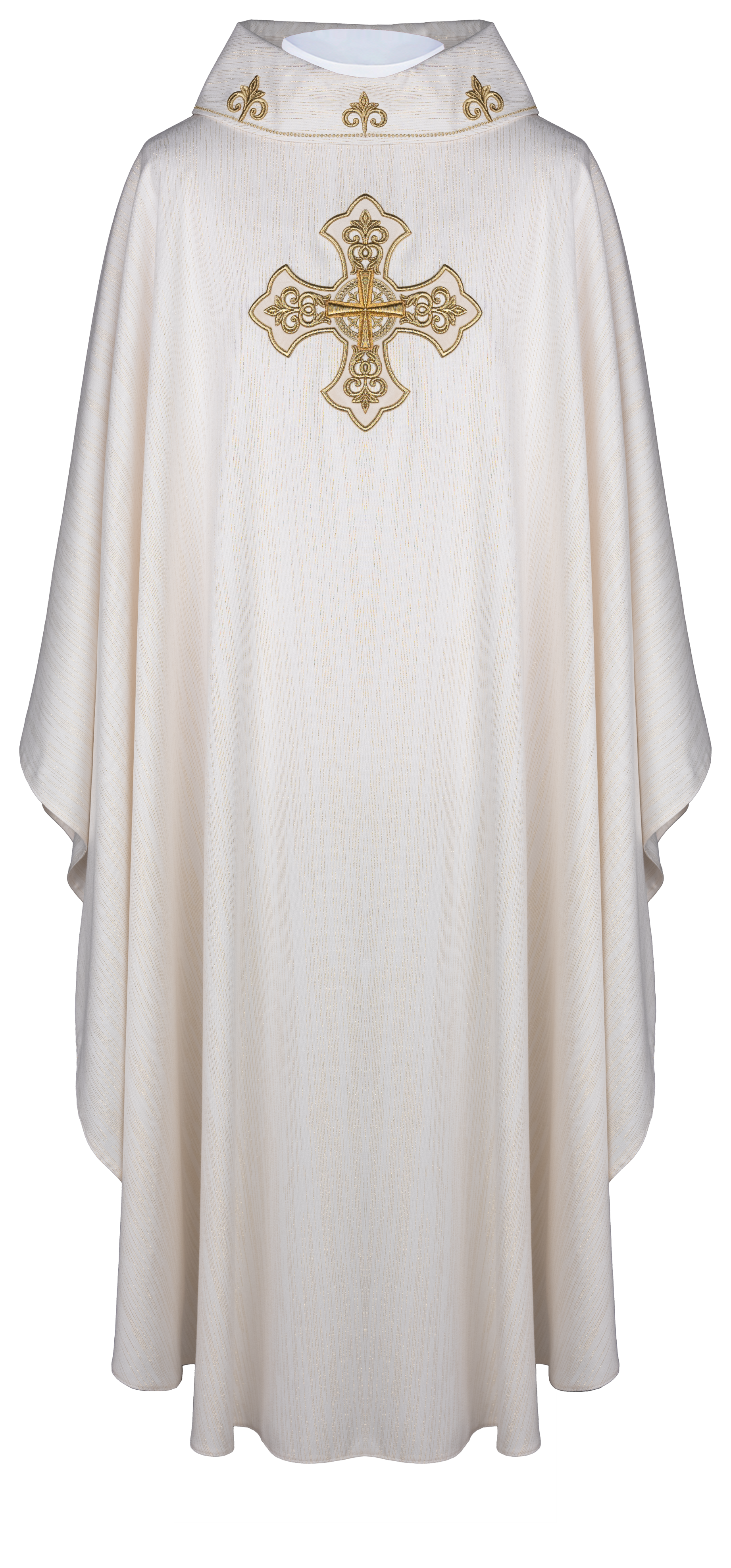 Ecru chasuble with richly embroidered cross and decorated collar