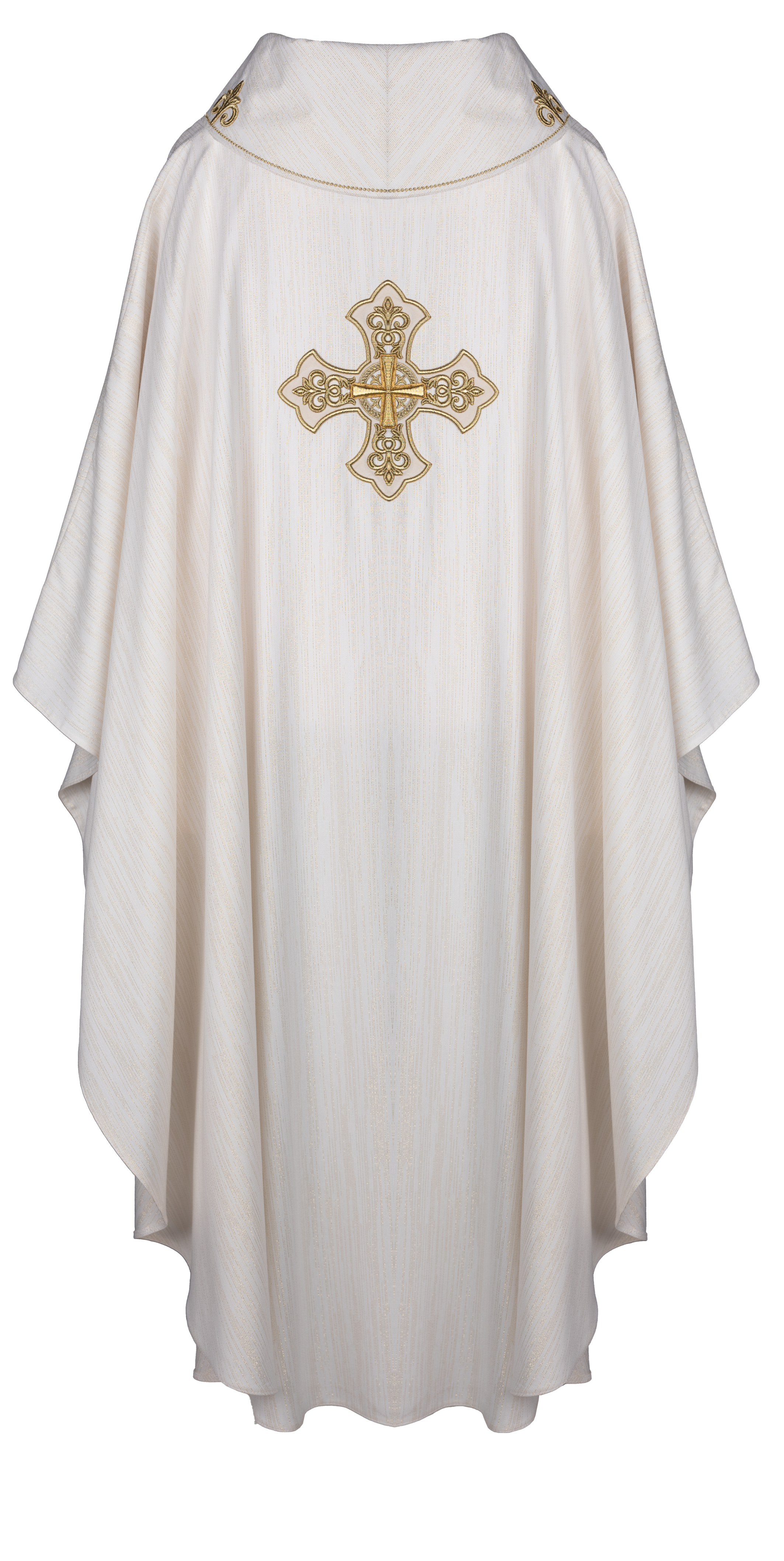 Ecru chasuble with richly embroidered cross and decorated collar