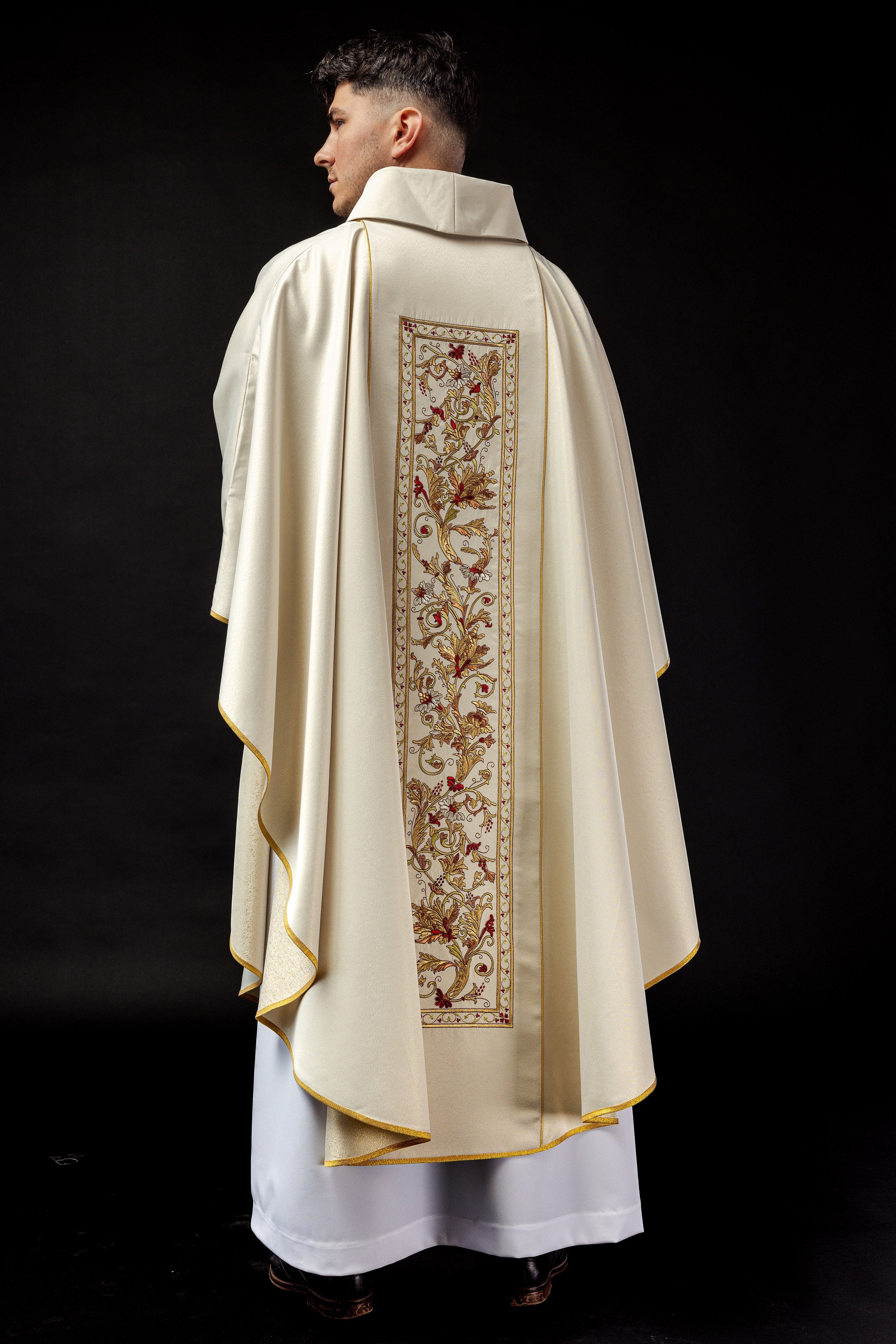 Ecru chasuble richly decorated with IHS motif