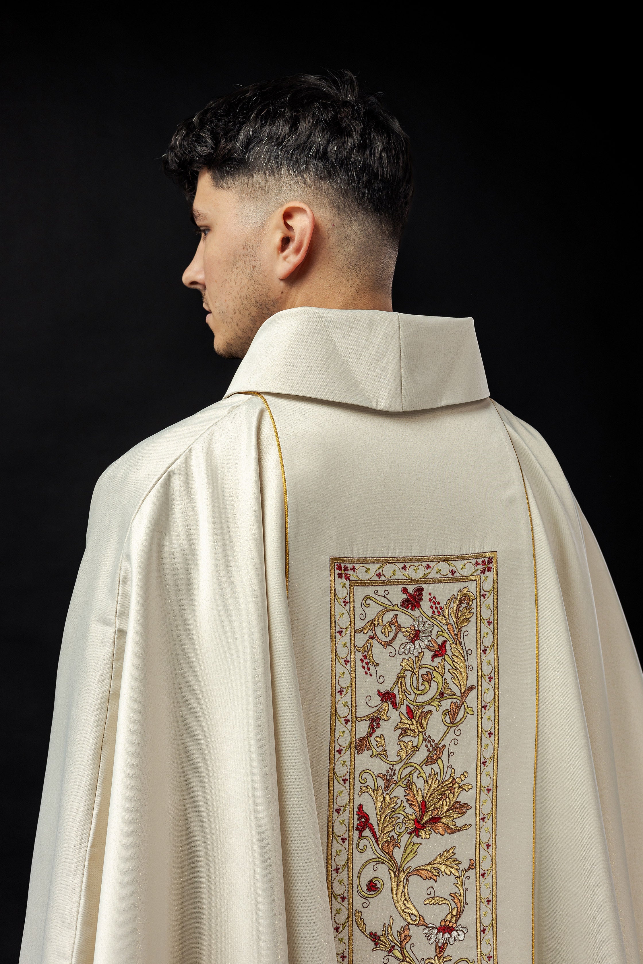 Ecru chasuble richly decorated with IHS motif