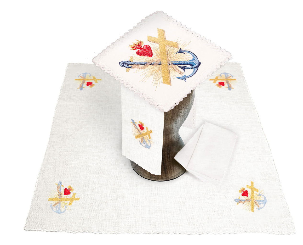 LINEN CHALICE SET WITH EMBROIDERY OF JESUS HEART, ANCHOR AND CROSS - HAFTINAUSA.COM