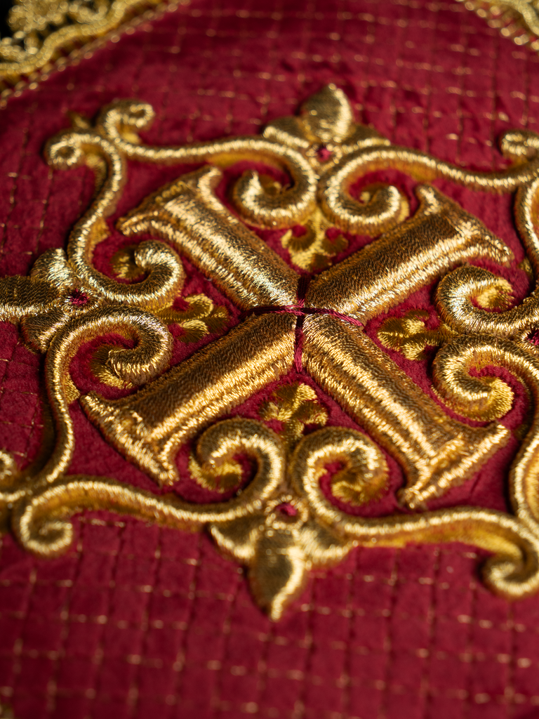 Altar linen set made of red velvet with gold cross embroidery