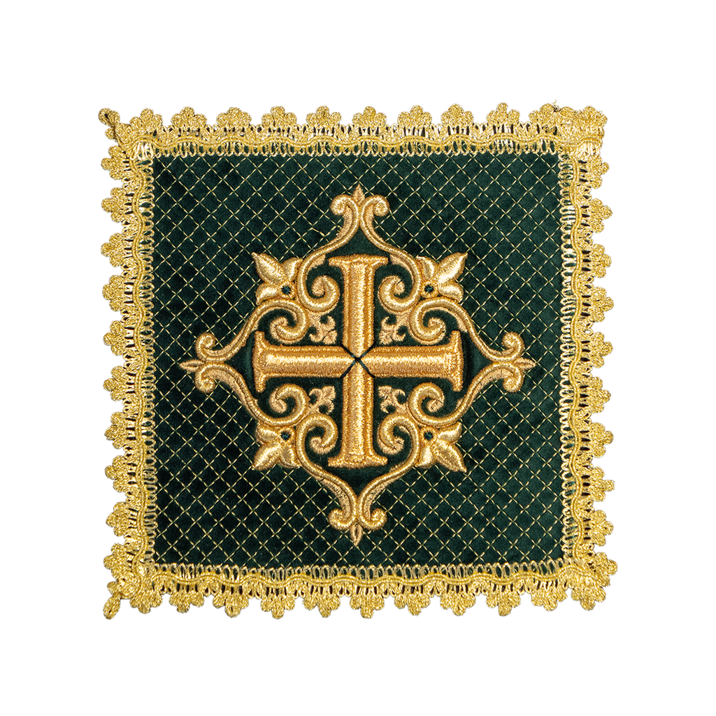 Altar linen set made from green velvet fabric with gold cross