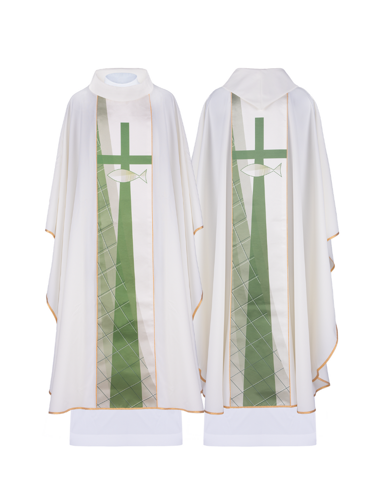 White chasuble embroidered with cross and fish patter