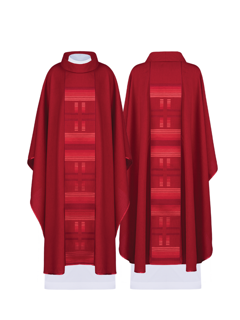 Red chasuble embroidered with pattern of red crosse