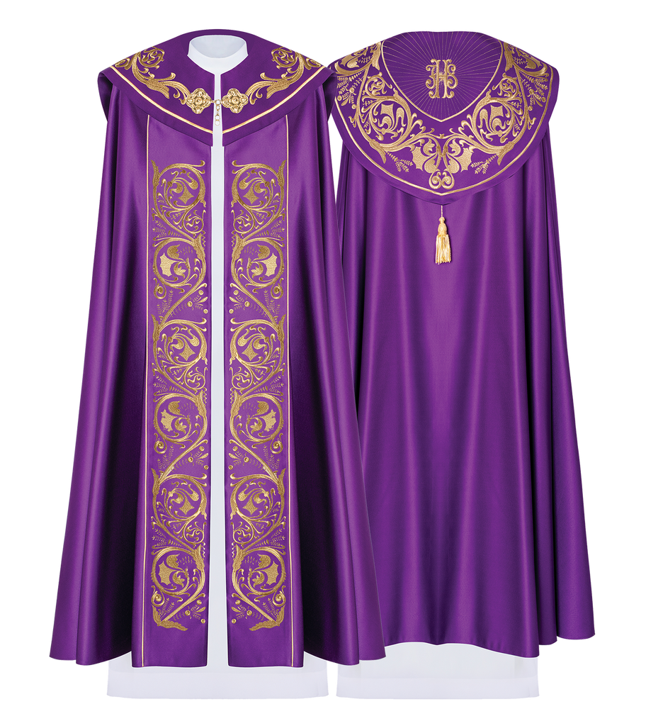 Purple church cope with gold IHS monogram - HAFTINAUSA.COM