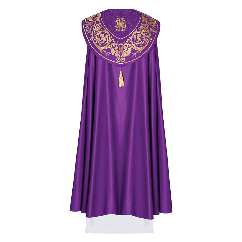 Purple church cope with gold IHS monogram - HAFTINAUSA.COM